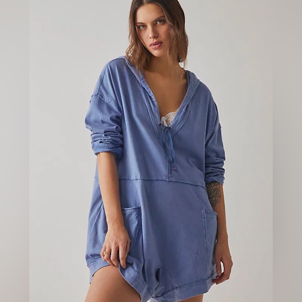 Free People Intimately - Just Be Chill Romper in Washed Blue, Small